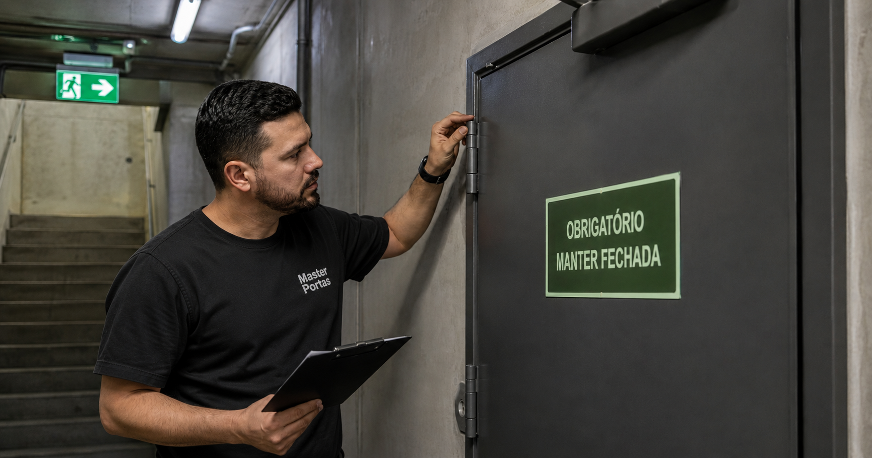 Técnico realizando manutenção em porta corta-fogo em escada de emergência
