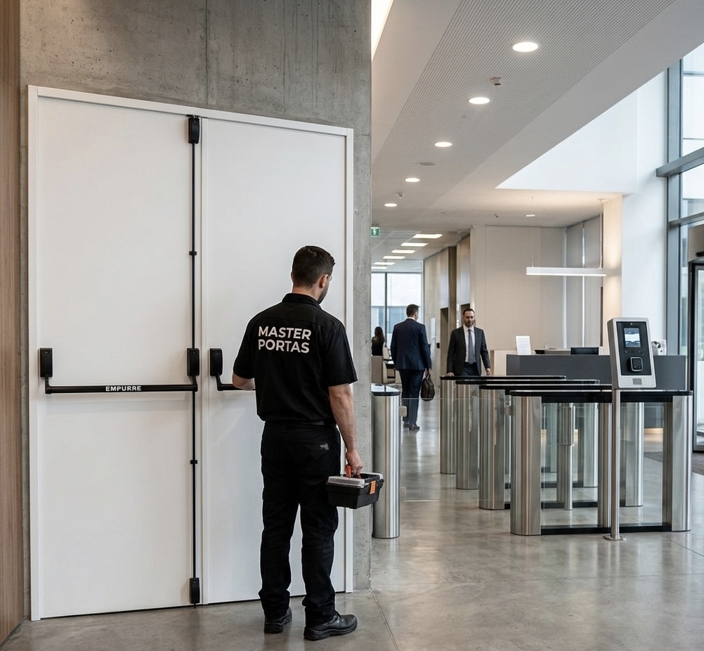 Porta corta-fogo metálica instalada em corredor de prédio comercial seguindo normas de segurança.